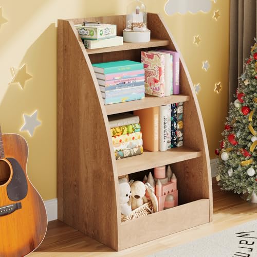 Kids Bookshelf,4 Tier Kid Book Shelf for Kids Rooms,Wood Children Bookcase,Baby Storage Books Rack,Toddler Bookshelf, Book and Toy Organizer,Books Display Shelf for Bedroom, Playroom, Nursery - color: Burlywood, size: Medium