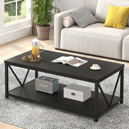EXCEFUR Black Coffee Table, Modern Wood and Metal Living Room Table with Storage Shelf, 47 Inch - color: Black, size: 47 inch