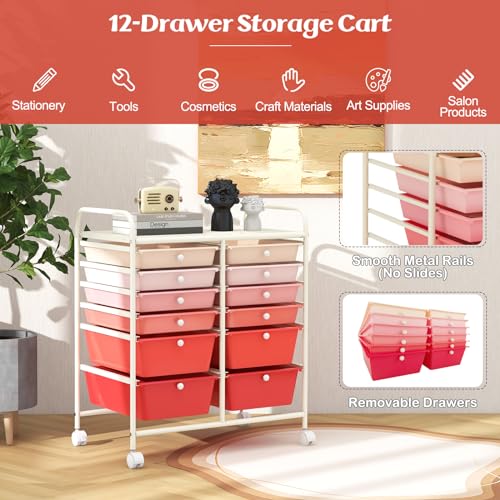 Moccha 12-Drawer Rolling Storage Cart - Utility Cart on Wheels with Lockable Casters for Craft Art Supply Paper Salon, Mobile Drawer Carts for Classroom Teacher School Office (Gradient Pink) - color: Gradient Pink, style: 12 Drawers