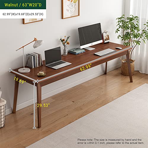 NELYE Mid-Century Long Desk Table, 63" W x 20" D, Walnut | Simple Modern Wood Table, Extra Long 2-Person Computer Workstation for Home Office Work, Holds 200 Lbs - size: 63"W20"D
