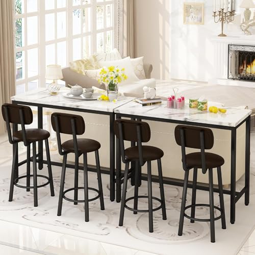AWQM 3 Piece Bar Table Set of 2,39.3" Pub Bar Table and Chairs Set,Faux Marble Bar Height Table with 2 Backrest Stools,Small Dining Table for 2,Kitchen Table Set for Small Space,White & Brown(2 Set) - color: White