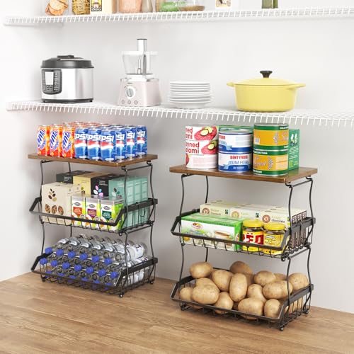 XYZLVSI 3 Tier Countertop Fruit Basket Bread Bowl with Wooden Top for Kitchen, Stackable Vegetable Potato Onion Storage Wire Basket with Banana Hangers, Black