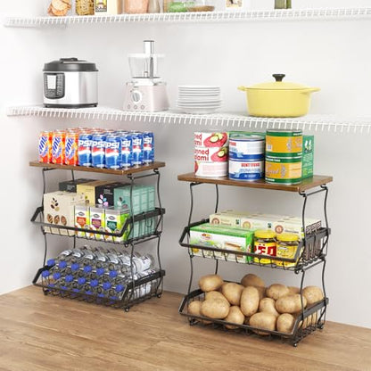 XYZLVSI 3 Tier Countertop Fruit Basket Bread Bowl with Wooden Top for Kitchen, Stackable Vegetable Potato Onion Storage Wire Basket with Banana Hangers, Black