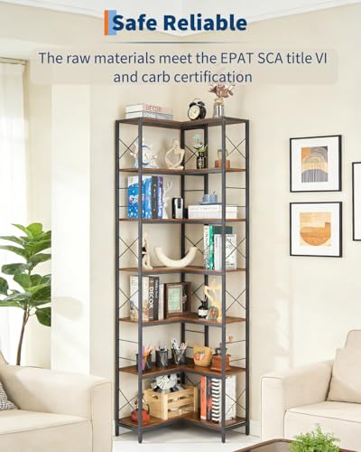 Garvee Corner Shelf, 7 Tier Industrial Corner Bookshelf, Wood and Metal Frame Large Bookcase, Freestanding Display Shelf for Living Room, Kitchen, Home Office, Rustic Brown