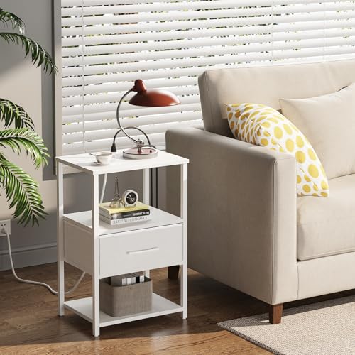 TUTOTAK Nightstand Set of 2, Night Stand with Charging Station, End Table, Bedside Table with Fabric Drawer, Side Table for Livingroom and Bedroom, White TB01BW0692 - color: White, style: Plug