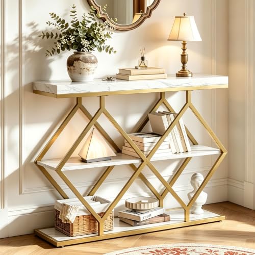 Garvee 3 Tier Console Table,39" Industrial Entryway Table,Open Wood Shelves | Sofa Table,Narrow Wood Accent Tables with Metal Frame for Hallway,Living Room,Behind Couch,Foyer,Entrance,White - color: White + Diamond-shaped