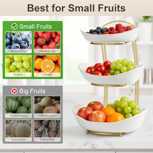 Fruit Bowl for Kitchen Counter - 3 Tier Ceramic Fruit Rack, Fruit Basket for Fresh Fruit&Veggies, Tiered Fruit Platter Serving Trays for Party - color: White