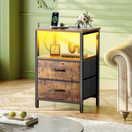 Huuger Night Stand with Charger Station and LED Lights, 2 Drawer Nightstand, Bed Side Table with Open Shelf, End Table, Fabric Dresser for Bedroom, Rustic Brown - color: Rustic Brown, size: 11.8"D x 15.7"W x 23.6"H（2 Drawers）