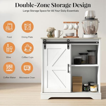 Panana Sliding Barn Door Buffet Sideboard Storage Cabinet Coffee Bar Kitchen Farmhouse Style (White Cabinet Nature Top) - color: White Cabinet Nature Top