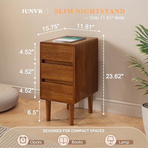 Nightstand with 3 Drawers Narrow Night Stand Solid Wood Bedside Table Mid Century Modern Nightstand Wooden End Table for Bedroom, Study, Office - color: Walnut-3d, size: 15.75''×11.8''×23.62''