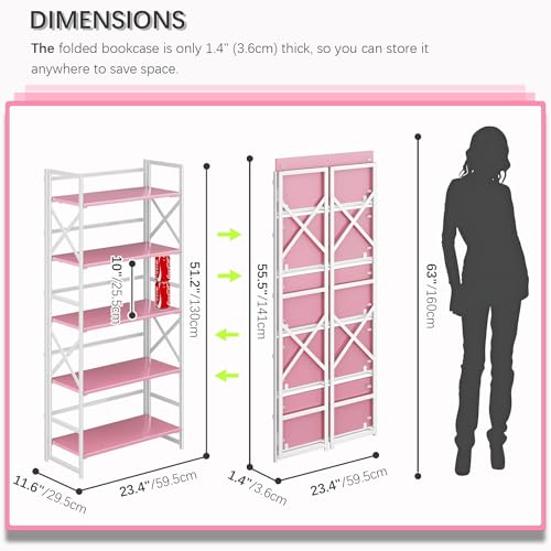 4NM 5 Tiers No Assembly Book Shelves, 51.2" H Folding Bookshelf Bookcase Open Industrial Foldable Shelves for Bedroom, Living Room, Home Office - Pink White - color: Pink White, size: XX 5-Tier