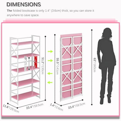 4NM 5 Tiers No Assembly Book Shelves, 51.2" H Folding Bookshelf Bookcase Open Industrial Foldable Shelves for Bedroom, Living Room, Home Office - Pink White - color: Pink White, size: XX 5-Tier