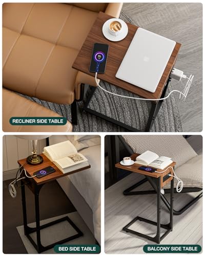 C-Shaped Side Table for Couch - Small Coffee Stand Sofa Tray Desk with Metal Frame Waterproof Scratch Resistant Wood Top and Built-in Charging Station, Rustic Walnut - color: Rustic Walnut, size: 1-Pack, style: Includes Power Outlets