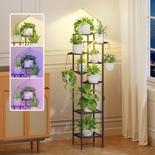 Quikraen 8 tiers Metal Plant Stand with Grow Lights, Tall Lighted Corner Plant Shelf for Indoor Plant Growing,Flower Pot Holder, Plant Rack for Home Decor, Patio (Black) - color: Black-58.8"