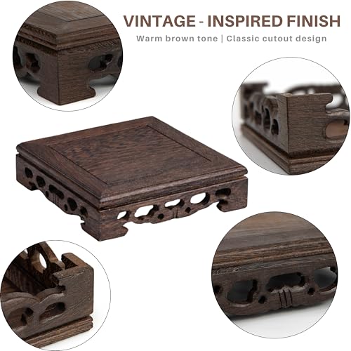 Wooden Display Square Stand Base 5.5"×5.5" – Wood Plant Stand, Pedestal Stand, Tabletop Plant Stand, Risers Display Stands, Oriental Style, Carved Base, Candle Stand