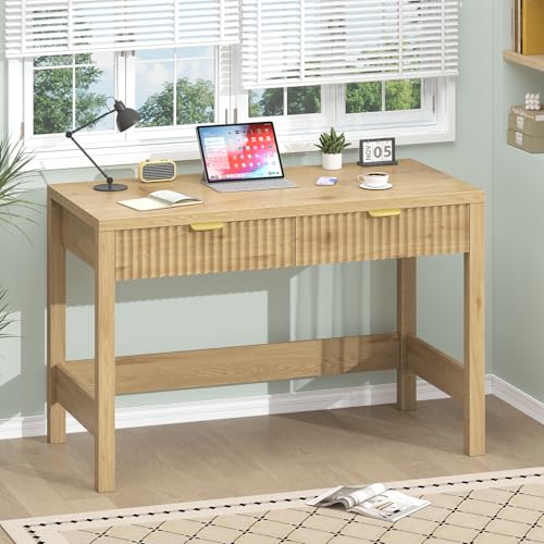 YOMILUVE Fluted Computer Desk with 2 Drawers, 39 Inch Small Computer Desk with Storage, Compact Writing Study Desk for Small Spaces - color: Oak
