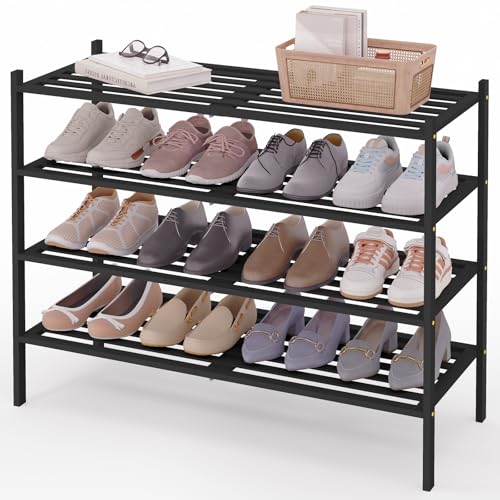 Smiry Long Bamboo Shoe Rack, 4 Tier Free Standing Wooden Shoe Organizer, Stackable Wood Shoe Storage Shelf for Closet, Entryway, 5 Horizontal Slats, 33.9"x11"x26", Black - color: Black, size: 4 Tier - 33.9" Wide