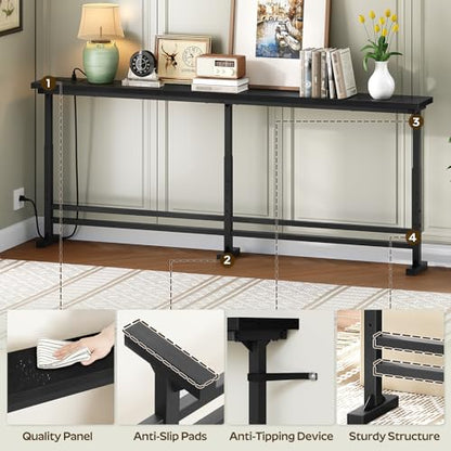 YATINEY 70.9" Console Table with Adjustable Height (27.6"-35.4") and Power Outlet, Skinny Behind Couch Table, Narrow Long Sofa Table for Living Room, Hallway, Entryway, Black CT08UBB - color: Black, size: 70.9"L x 5.9"W x 27.6-35.4"H