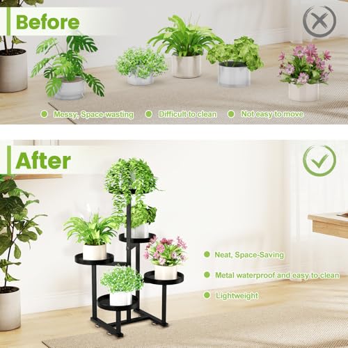 5 Tier Metal Heavy Duty Plant Stand Indoor Outdoor，27In Tall,Black | 7.9In Pot,Save Space,Adjustable Foot Pad,Tiered Corner Plant Holders for Multiple Plants,Patio,Garden,Living Room, Balcony