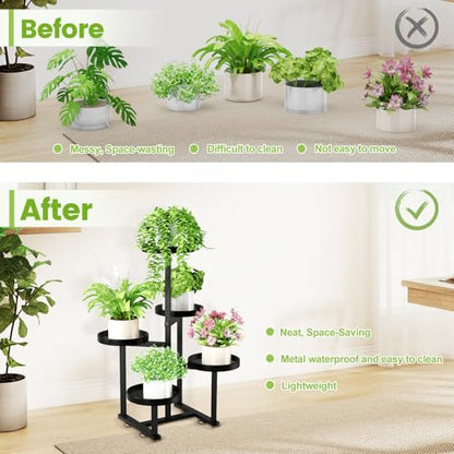 5 Tier Metal Heavy Duty Plant Stand Indoor Outdoor，27In Tall,Black | 7.9In Pot,Save Space,Adjustable Foot Pad,Tiered Corner Plant Holders for Multiple Plants,Patio,Garden,Living Room, Balcony