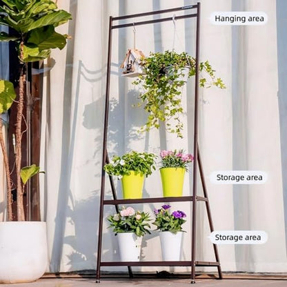 Hanging Plant Stand Folding Plant Stand 2 Tier Ladder Shelf with Hanging Rod Height Adjustable Flower Pot Display Organizer for Balcony Porch Living Room