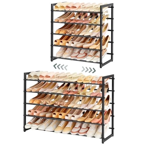 FAVOOSTY 5-Tier Expandable Shoe Rack, Adjustable Shoe Shelf Storage Organizer Space Saving Metal Free Standing Shoe Rack for Entryway Closet Doorway, Black (Black, 5 Tier) - color: Black, size: 5 Tier