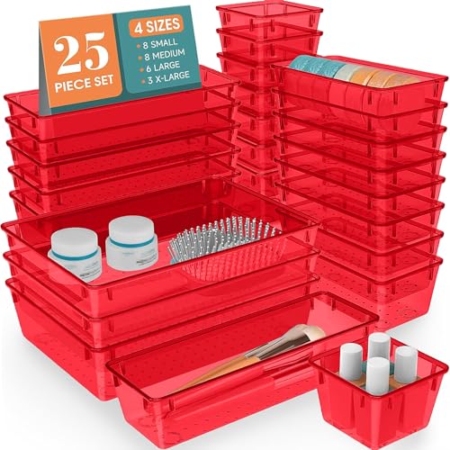 WOWBOX 25 PCS Plastic Drawer Organizer Set, 4 Sizes Desk Drawer Divider Organizers and Storage Bins for Makeup, Jewelry, Gadgets for Kitchen, Bedroom, Bathroom, Office, Clear Red - color: Red