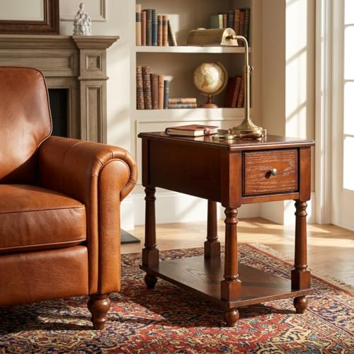 Narrow End Table with Drawer and Open Storage Shelf, Solid Wood Sofa Side Table for Living Room, Beside Table,Telephone Table for Small Spaces, No-Tools Assembly Caramel Brown BBJ004DR - color: Caramel Brown