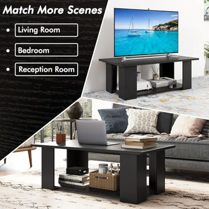 Tangkula 2-Tier Coffee Table, Modern Rectangular Center Cocktail Table with 5 Support Legs, Wooden Accent Living Room Furniture, Small Coffee Table for Small Spaces, Easy Assembly (Black) - color: Black