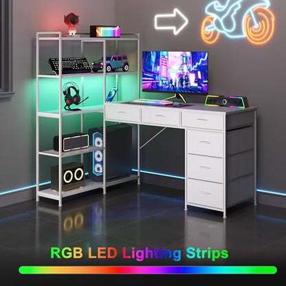 L Shaped Gaming Desk, 6 Drawer Computer Desk with Power Outlets, Reversible Corner Desk with Storage Shelves, Small L-Shaped Desk for Home Office, Space Saving Game Table, White