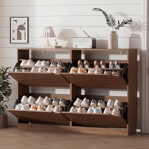 Xixini Shoe Storage Cabinet for Entryway with 4 Flip Drawers, Sturdy Wood Hidden Shoe Storage, Freestanding Narrow Slim Shoe Organizer for Front Door Entrance, Living Room, Hallway, Bedroom, Walnut - color: Walnut, size: 4 Drawers without Rack