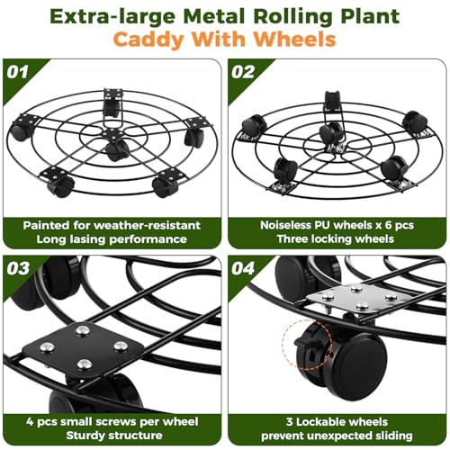 2 Packs 17.5" Extra-large Metal Plant Caddy with 6 Wheels Iron Rolling Plant Stands Heavy-duty Plant Roller Base Pot Movers Indoor Outdoor Wheeled Plant Dolly with Casters Planter Coaster Trolley - size: 17.5"
