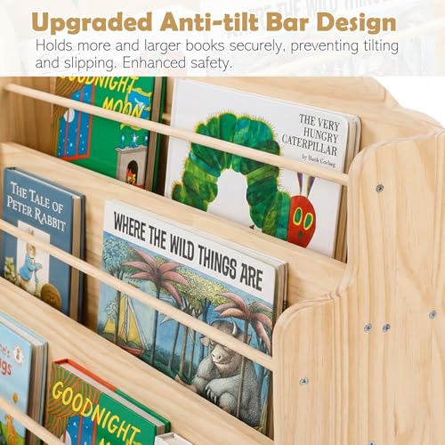 Amdermi 3-Tier Scalloped Montessori Bookshelf for Kids, Solid Wood Front-Facing Toddler Bookcase, Low Children’s Book Display Shelf for Nursery, Playroom, Classroom, Natura