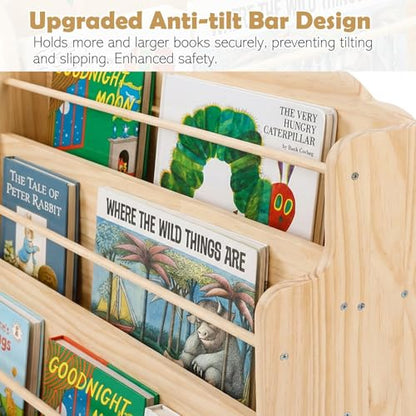 Amdermi 3-Tier Scalloped Montessori Bookshelf for Kids, Solid Wood Front-Facing Toddler Bookcase, Low Children’s Book Display Shelf for Nursery, Playroom, Classroom, Natura