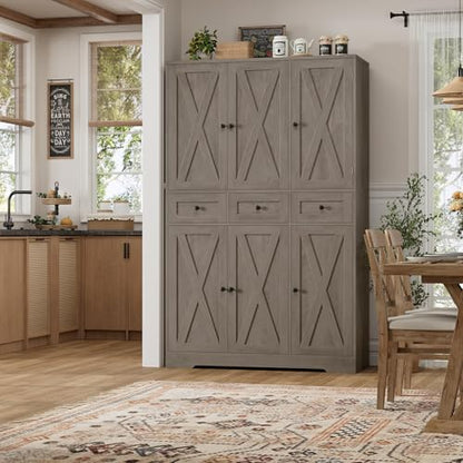 HOSTACK Farmhouse Kitchen Pantry Storage Cabinet with 3 Drawers, Ash Gray | 67"H Large Food Pantry Cabinet with Swing-Out Door Rack & Adjustable Shelf for Kitchen, Dining room, Living room - color: Ash Gray