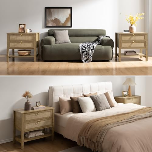 SICOTAS 26.7" Wide Rattan Nightstand with 2 Drawers & Open Shelf End Table | Large Night Stand with Storage Shelf, Coastal Boho Bedside Table for King Bed, Bedroom, Guest Room, Apartment, and End Table - color: Light Walnut