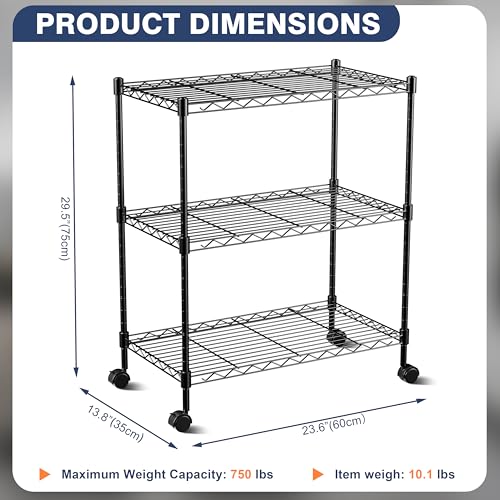 3-Tier Wire Shelf Rack,24" Dx14 Wx 30" H,Wire Metal Shelving with Lockable Wheels,Height Adjustable Storage Standing Shelves for Kitchen,Living Room,Laundry,Office,Pantry,Studio,Black - size: 3-Tier,24"x14"x30"(WxDxH)