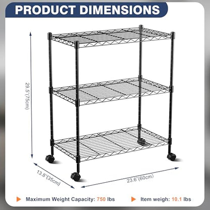 3-Tier Wire Shelf Rack,24" Dx14 Wx 30" H,Wire Metal Shelving with Lockable Wheels,Height Adjustable Storage Standing Shelves for Kitchen,Living Room,Laundry,Office,Pantry,Studio,Black - size: 3-Tier,24"x14"x30"(WxDxH)