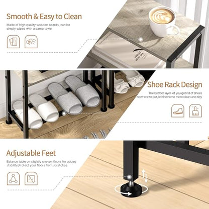 Narrow Side Table Set of 2 for Small Space, 2-Tier Small End Table with Shelf Holder, Slim Nightstand, Skinny Snack Couch Table in Living Room, Bedroom, Study, Kitchen and Balcony (Greige) - color: Greige