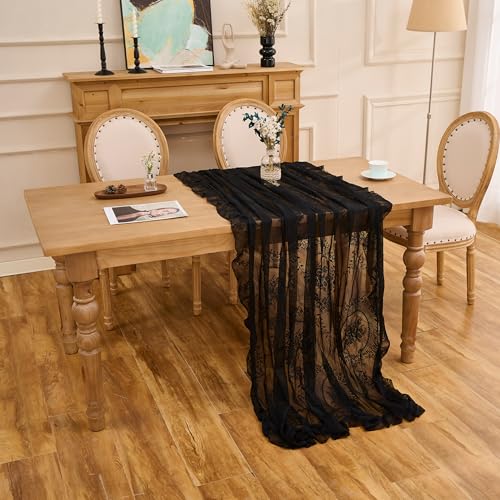 Floral Embroidered Lace Tablecloth Table Cover (Black, 95”x55”, Rectangular) - color: Black, size: 95" x 55" (Rectangular)