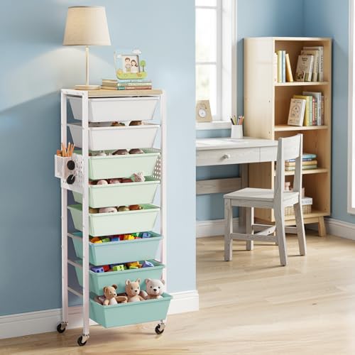 Rolling Cart with Drawers, Rolling Storage Cart with Large Plastic Drawers & Wooden Tabletop, Utility Cart with Pegboards & Basket, Storage Drawers Cart for Living Room, Classroom, Bedroom, Office - color: Green, size: 8 Drawers