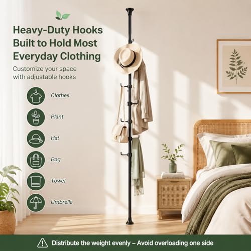 Coat Rack Freestanding, 56 to 125 inch Adjustable Tension Rod Hanger with 12 Hooks for Hanging Coat, Plant,Jacket, Hat, Scarf, Suitable for Living Room, Balcony, Kitchen Black - color: Black