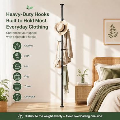 Coat Rack Freestanding, 56 to 125 inch Adjustable Tension Rod Hanger with 12 Hooks for Hanging Coat, Plant,Jacket, Hat, Scarf, Suitable for Living Room, Balcony, Kitchen Black - color: Black