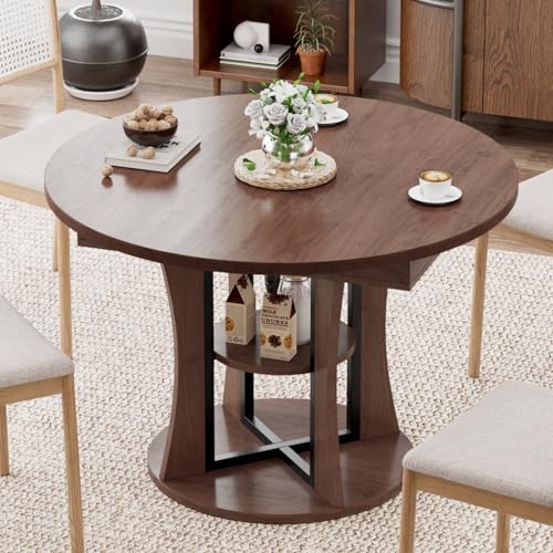 Extendable Round Dining Table for 4-6-8, 43.3-59in Expandable Kitchen Table with Storage Shelf, Space Saving Circle Oval Dining Table with Leaf for Kitchen, Dining Room, Walnut - color: Walnut