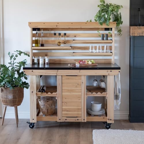 Backyard Discovery 48" Cedar Wood Buffet Hutch Serving Station with Galvanized Steel Countertop, Wine Rack, Wine Glass Rack, Trash Bin, Modular Shelves, Towel Bar, Drink and Food Prep, Indoor/Outdoor - style: With Decorative Shelves and Steel Countertop