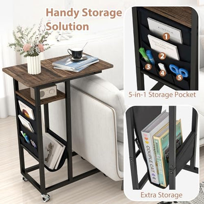 Giantex C Shaped End Table with Charging Station, 27’’H Slide Under Couch Side Table w/Wheels, Outlets & USB Ports, Storage Bag, Small Laptop Sofa TV Tray C Table for Living Room, Rustic Brown