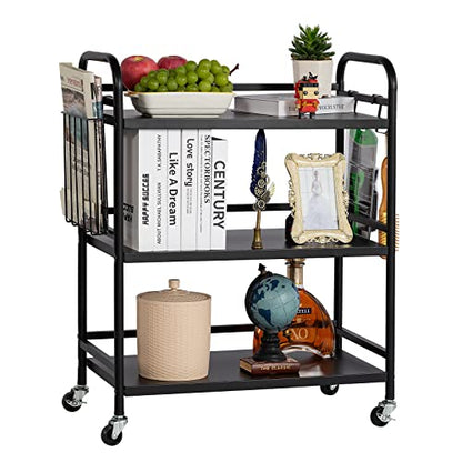 HDANI 3 Tier Metal Rolling Utility Cart,High Capacity Multi Purpose Heavy Duty Cart for Office,Kitchen,Living Room,Bedroom,Black - color: Black, size: Large with Basket