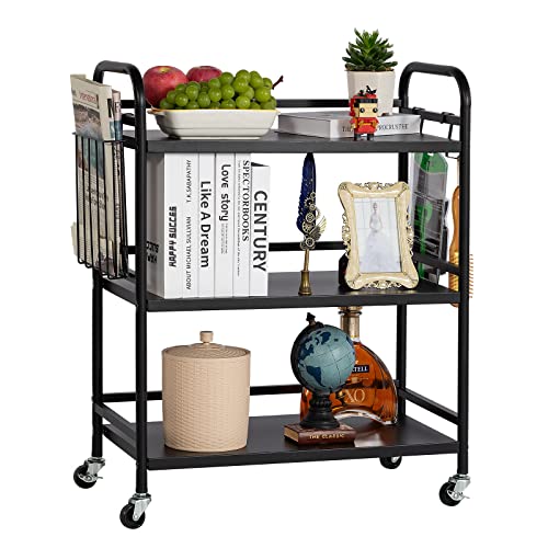 HDANI 3 Tier Metal Rolling Utility Cart,High Capacity Multi Purpose Heavy Duty Cart for Office,Kitchen,Living Room,Bedroom,Black - color: Black, size: Large with Basket