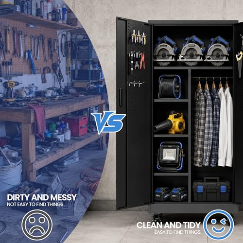 71'' Metal Garage Storage Cabinet with Wheels & Hanging Rod,Black Lockable Tool Cabinets with Pegboard & Adjustable Shelves,Heavy Duty Steel Tall Cabinets for Garage Warehouse Basement Broom - color: Black, style: 71"H 2 doors with Rod & wheels