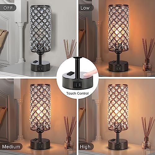 Hong-in Crystal Table Lamp Touch Control Set of 2, 3-Way Black Crystal Lamps with USB C+A Ports & AC Outlet, Dimmable Nightstand Desk Lamps,Modern Bedside Table Lamp for Bedroom(Bulbs Included) - color: Black